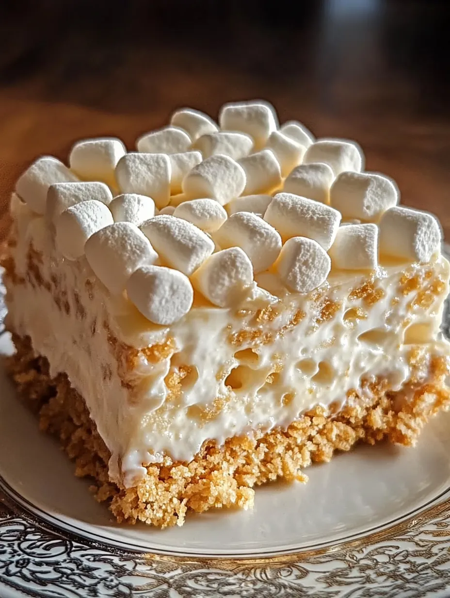 A piece of cake with marshmallows on top.