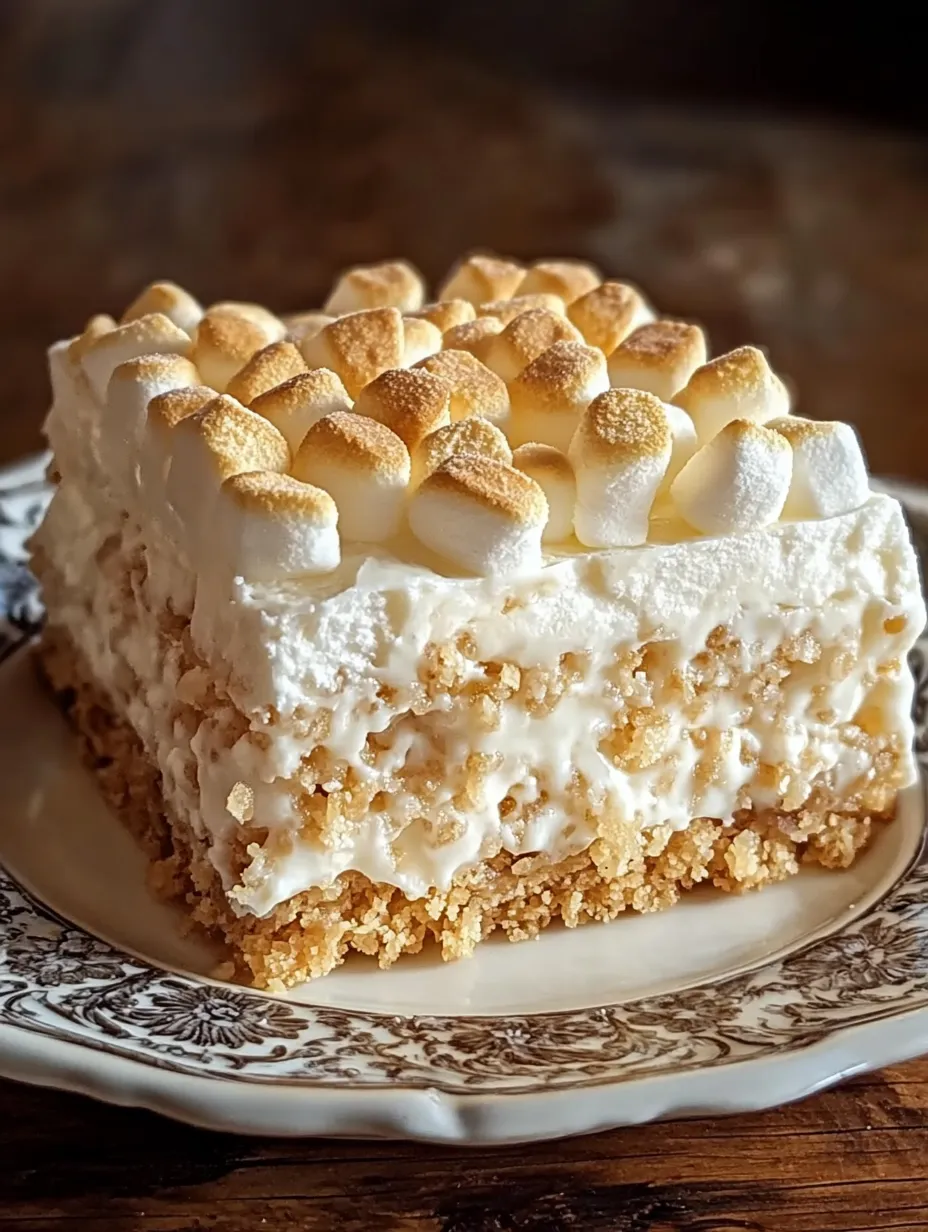 A slice of cake with marshmallows on top.