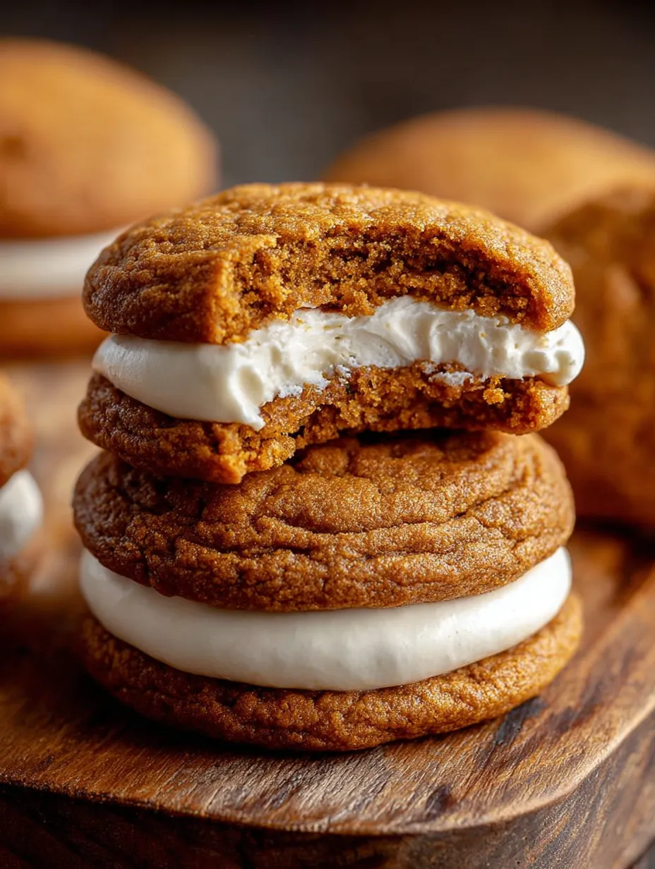 A stack of pumpkin cookies with white frosting.