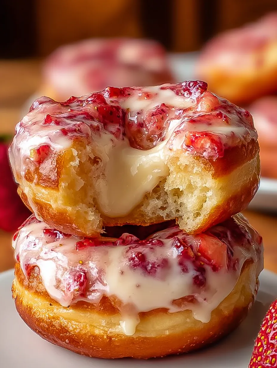A stack of donuts with strawberry glaze.