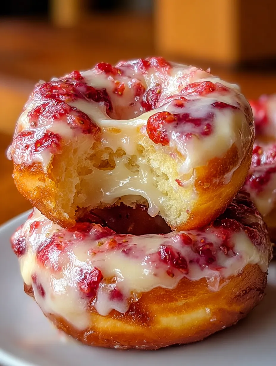 A stack of donuts with white frosting and red berries.