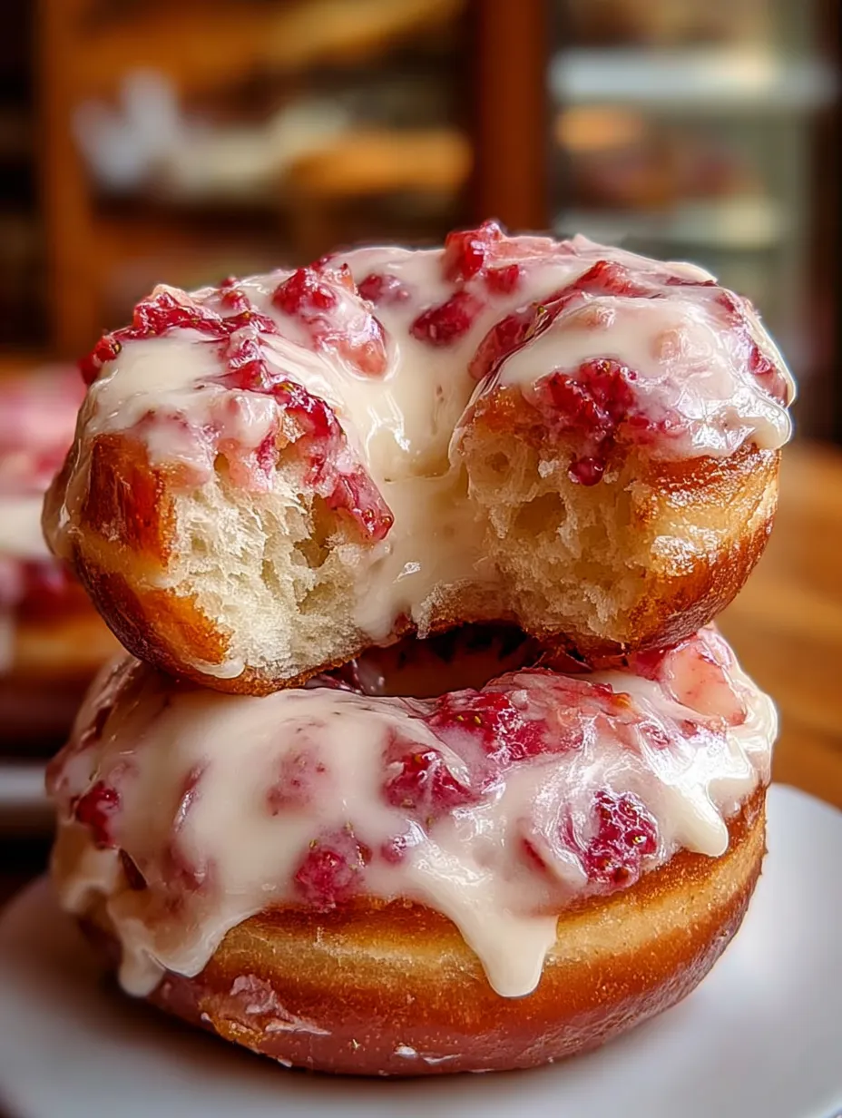 A glazed donut with red jelly.
