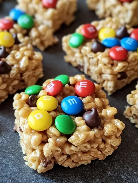 A close up of a cereal bar with M&M's and marshmallows.