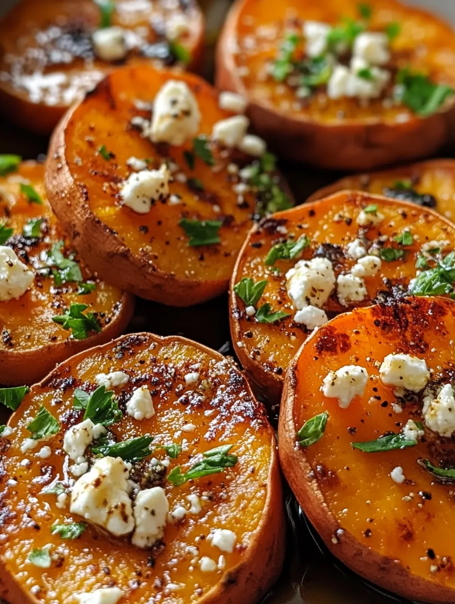 Sliced sweet potatoes with feta cheese and herbs.