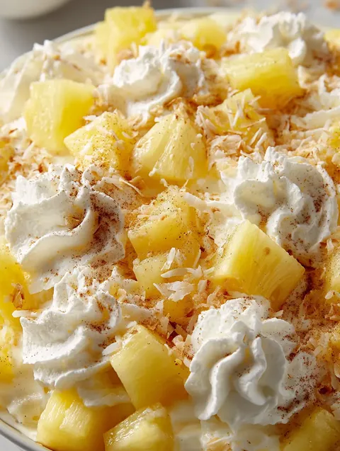 A pineapple dessert with white whipped cream.