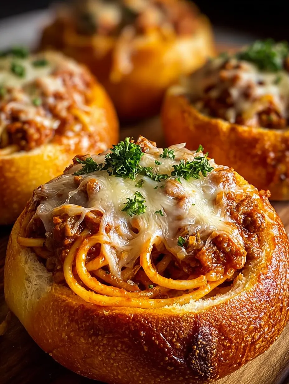 A close up of a delicious meat and cheese filled bread bowl.