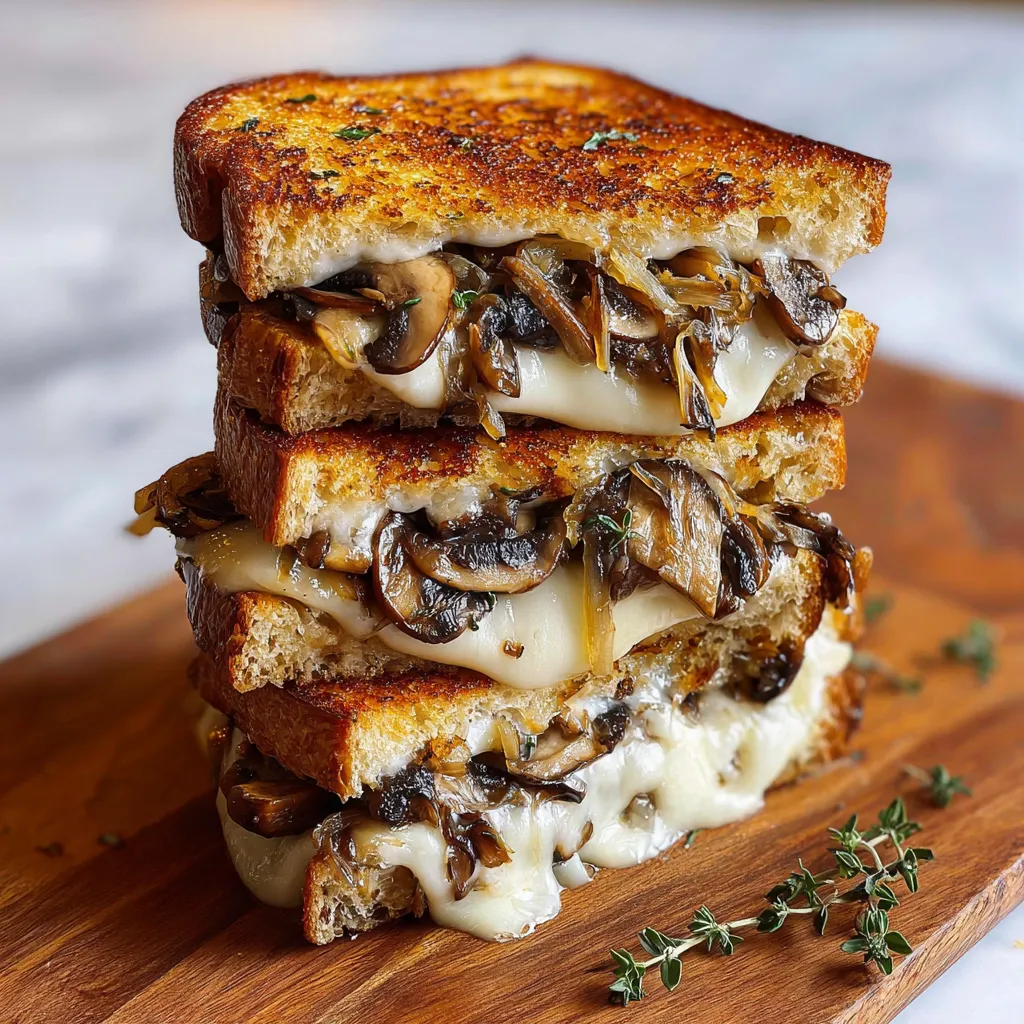 A stack of grilled cheese sandwiches with mushrooms.