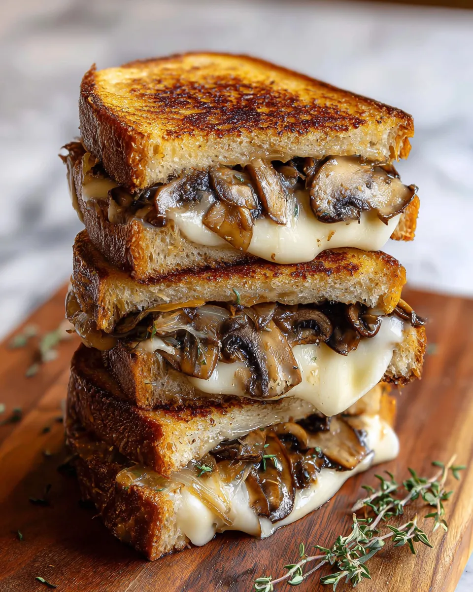 A stack of grilled cheese sandwiches with mushrooms.