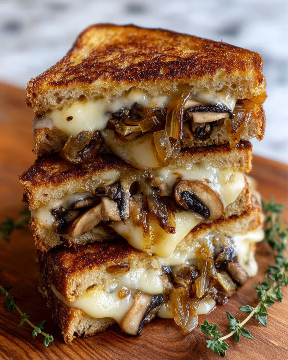 A yummy stack of grilled cheese sandwiches with mushrooms.