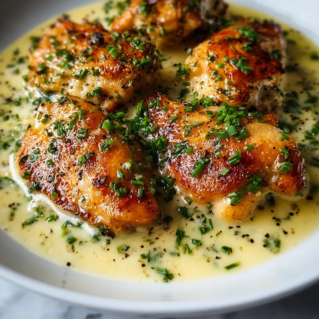A plate of chicken with herbs on top.