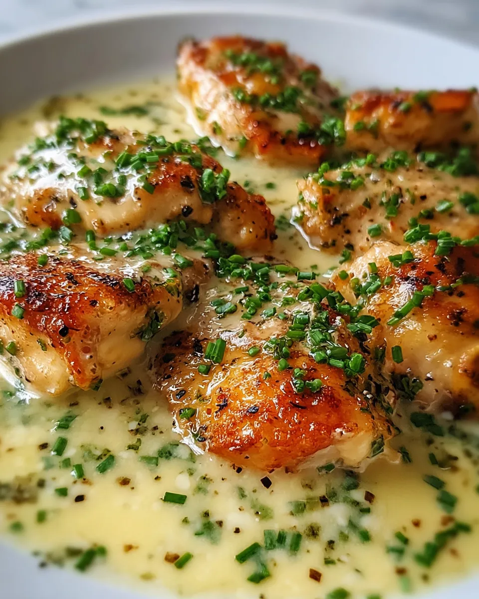 Chicken with sauce and herbs.