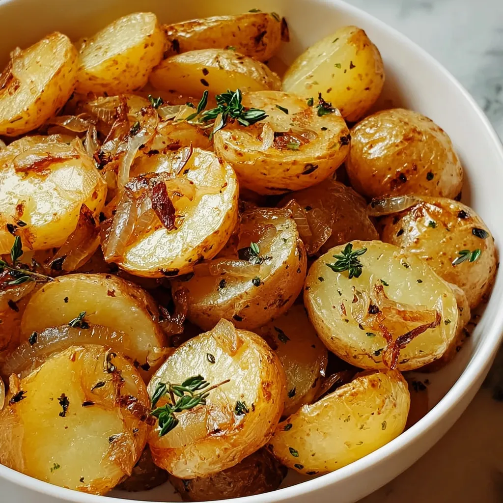 A bowl of potatoes with herbs.