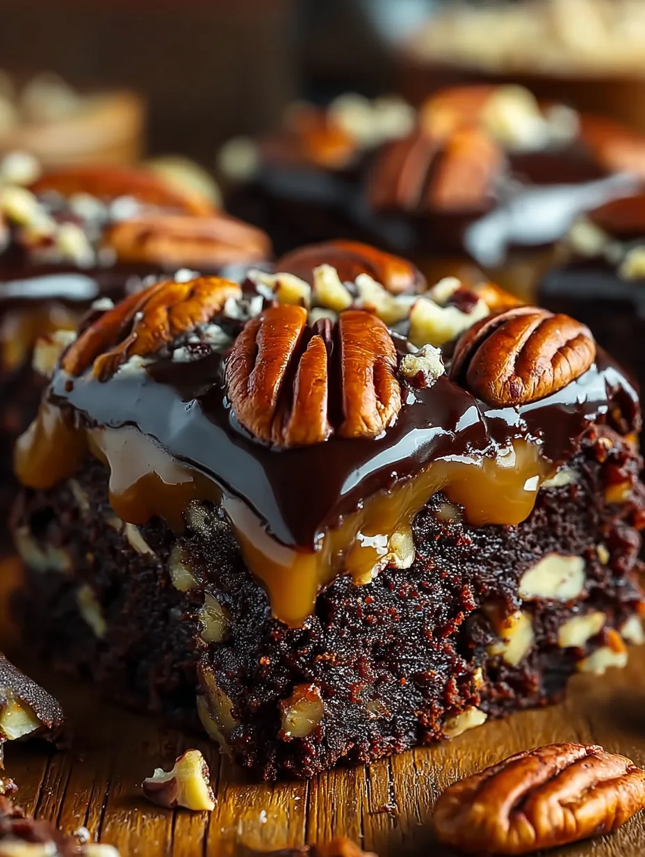 A chocolate cake with pecans and caramel drizzle.