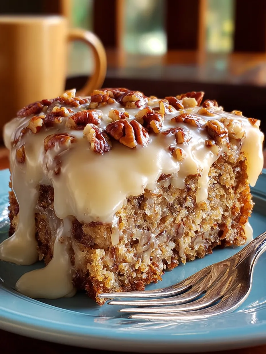 A slice of cake with pecans and icing.