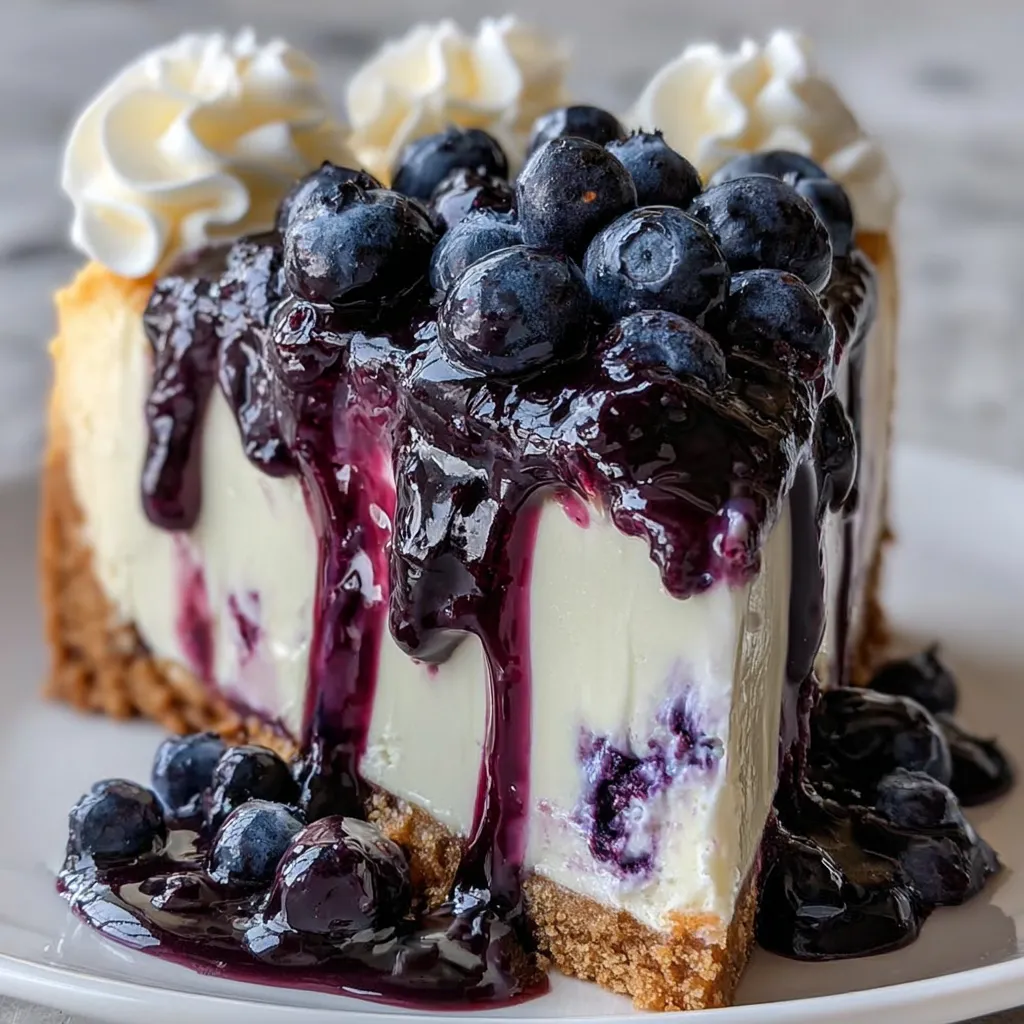 A slice of blueberry cheesecake with white whipped cream.