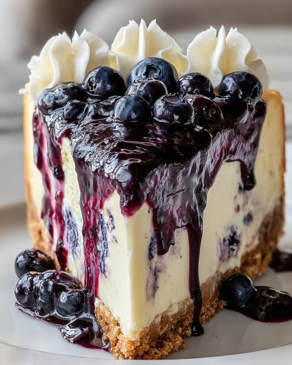 A slice of blueberry cheesecake with white frosting.