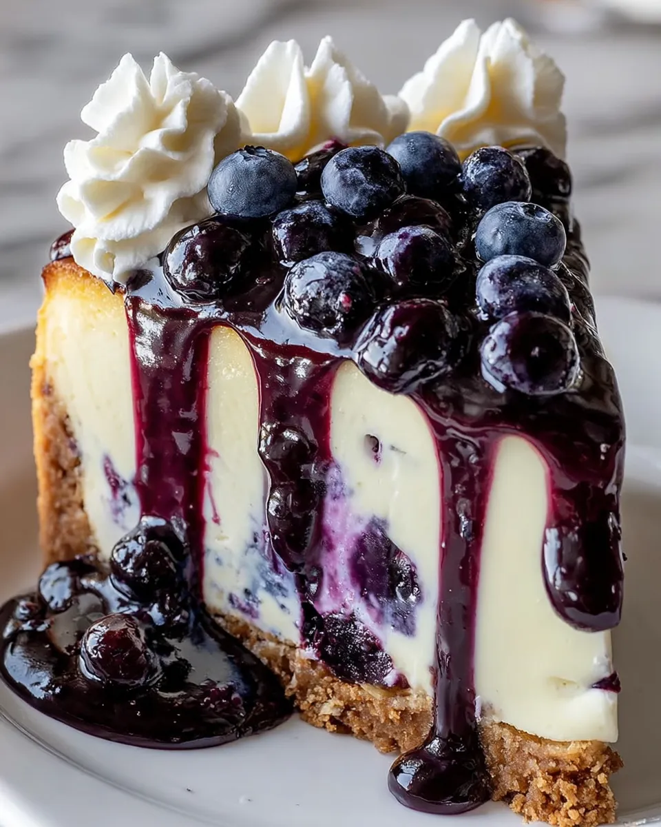 A slice of blueberry cheesecake with a dollop of whipped cream.