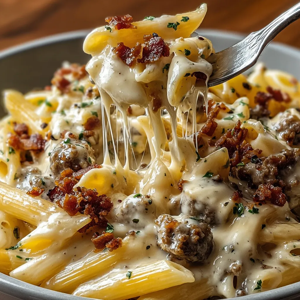 A bowl of pasta with cheese and bacon.