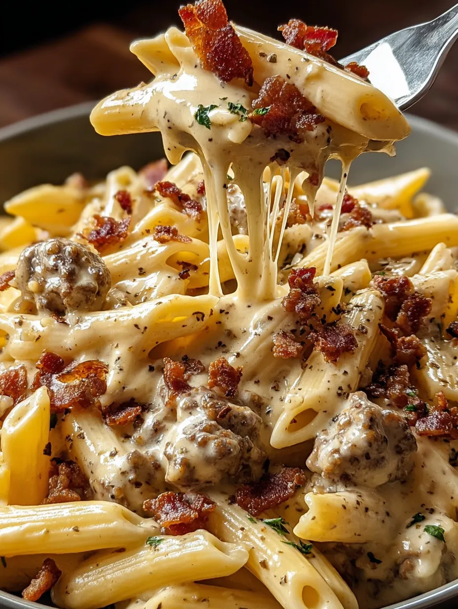 A bowl of pasta with cheese and bacon.