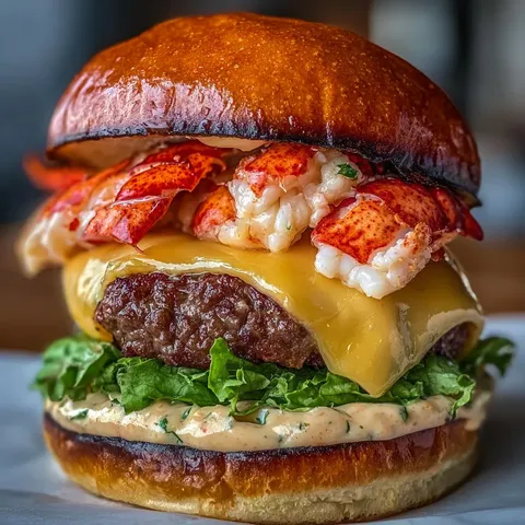 A burger with lobster and cheese.