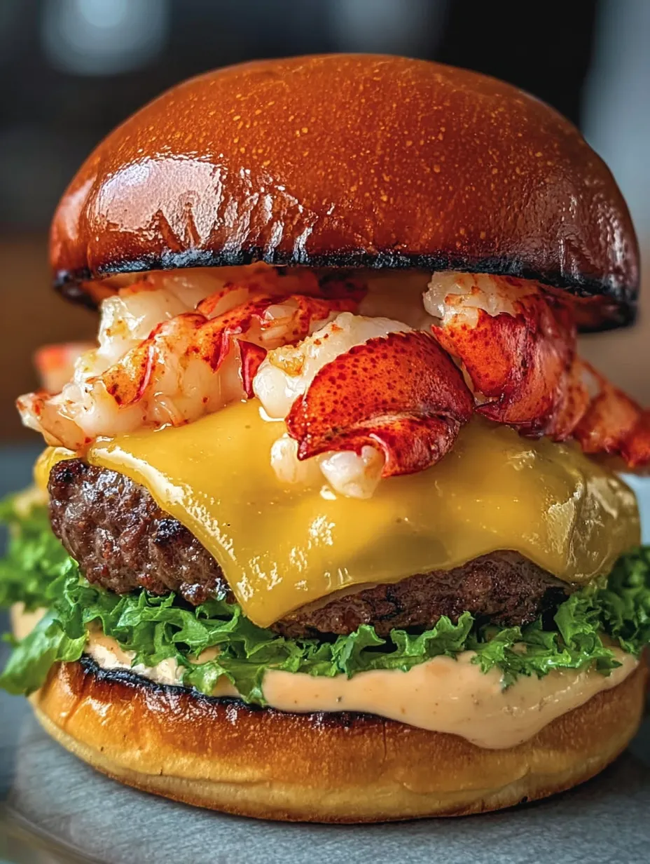 A close up of a burger with lobster and cheese.