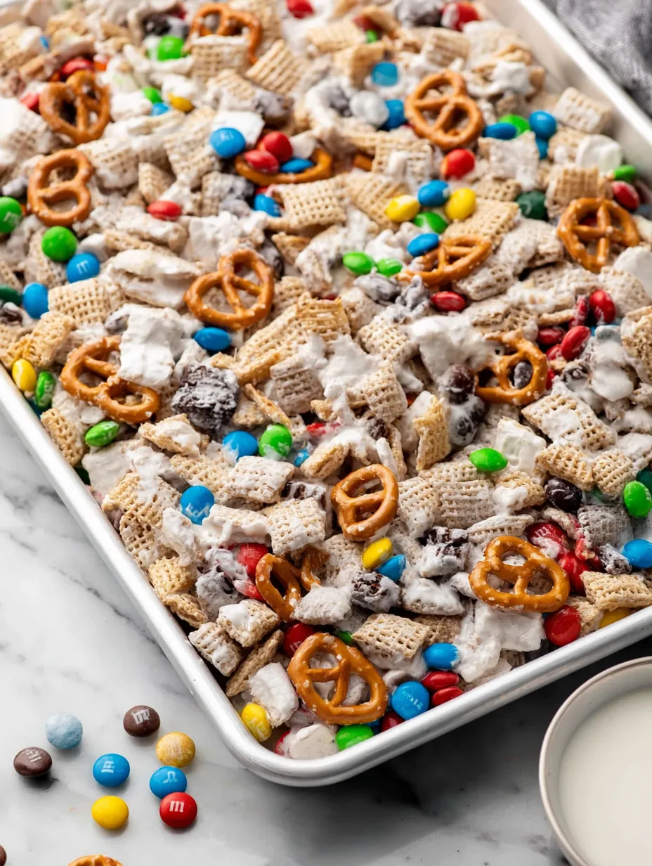 A pan of cereal with M&M's and pretzels.