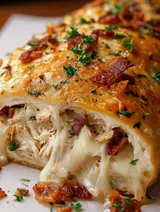A slice of bacon wrapped chicken with cheese.