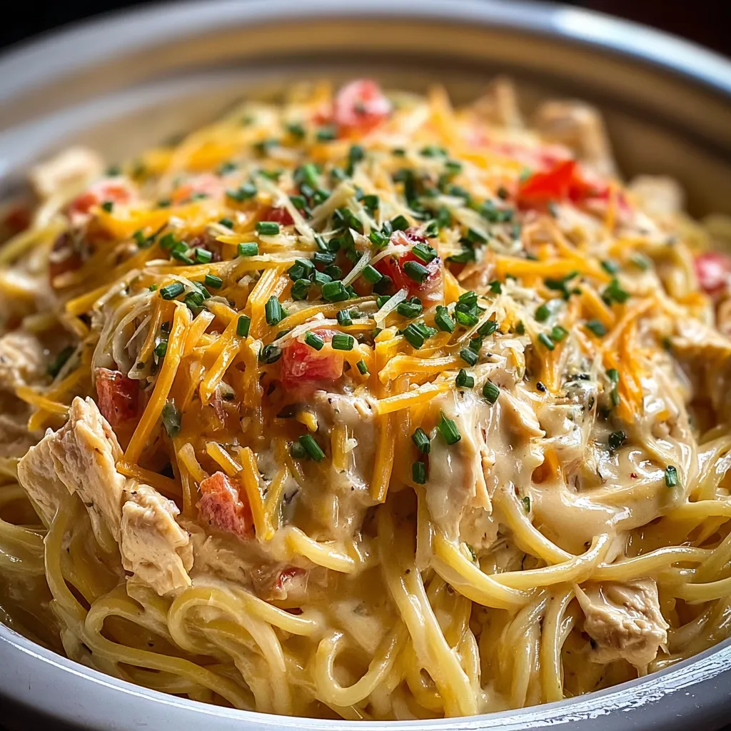 A bowl of pasta with chicken and tomatoes.