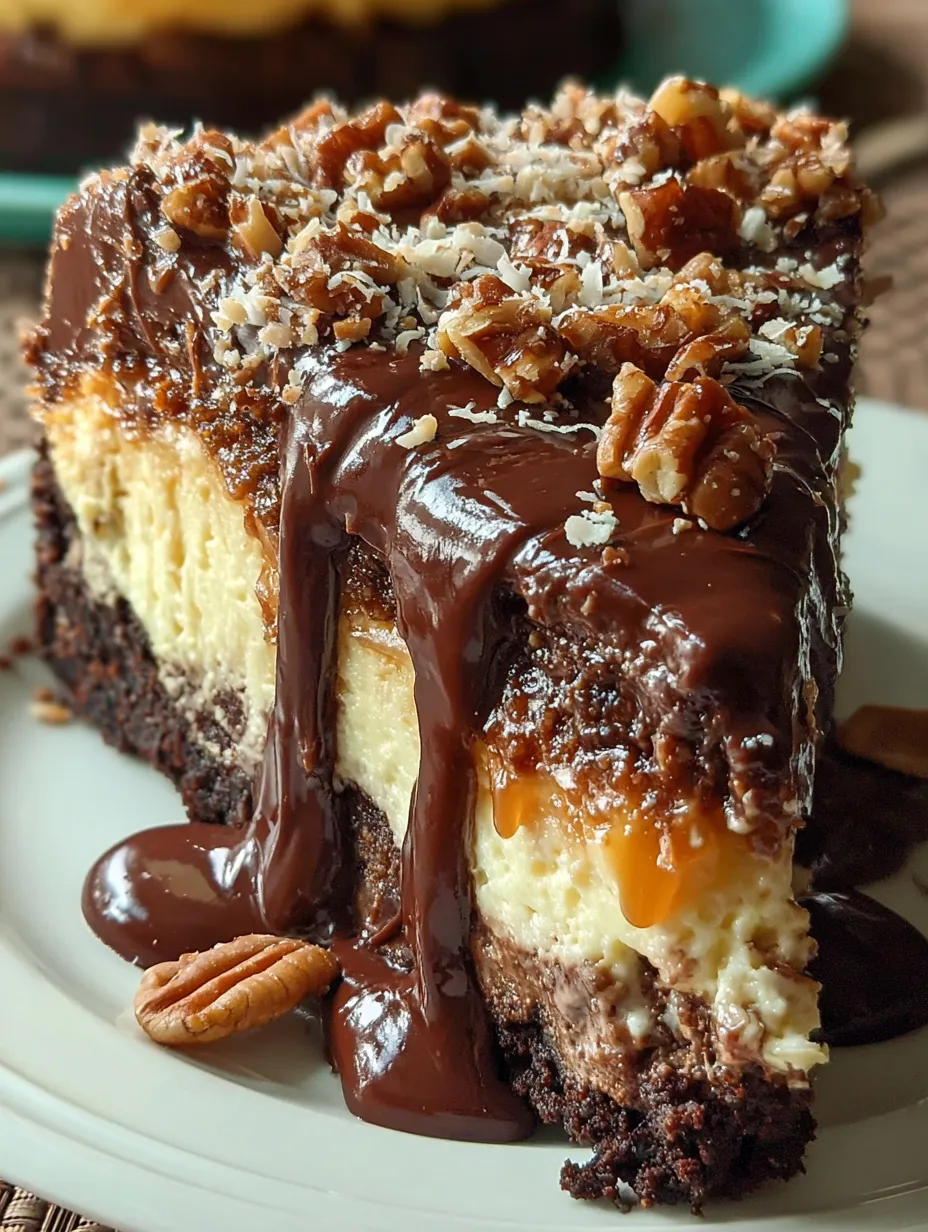 A slice of cake with chocolate drizzled on top.