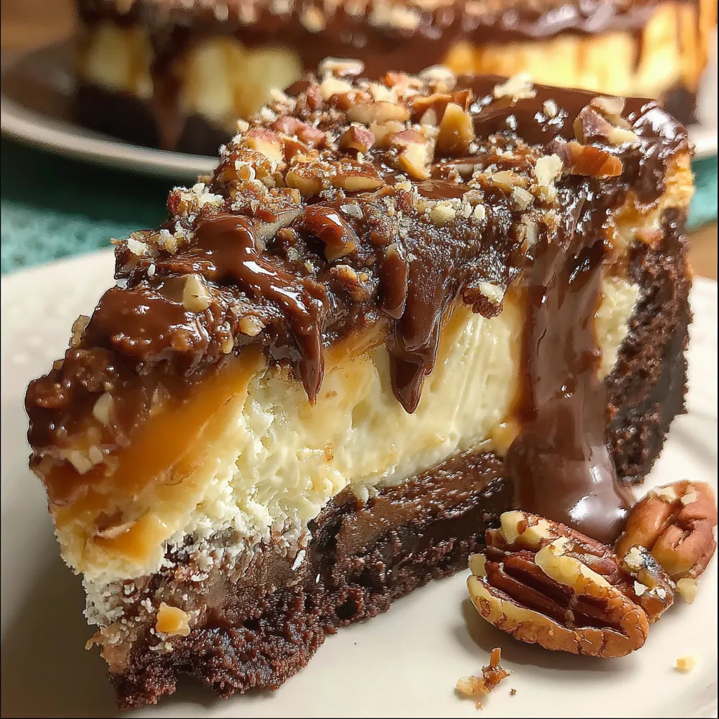 A slice of chocolate cake with caramel drizzle.