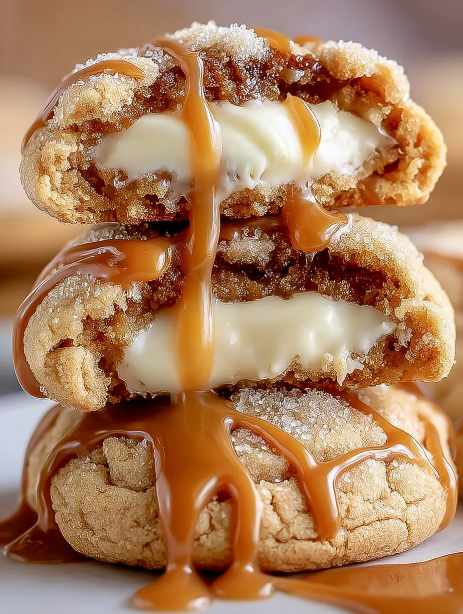 A stack of cookies with caramel drizzled on top.