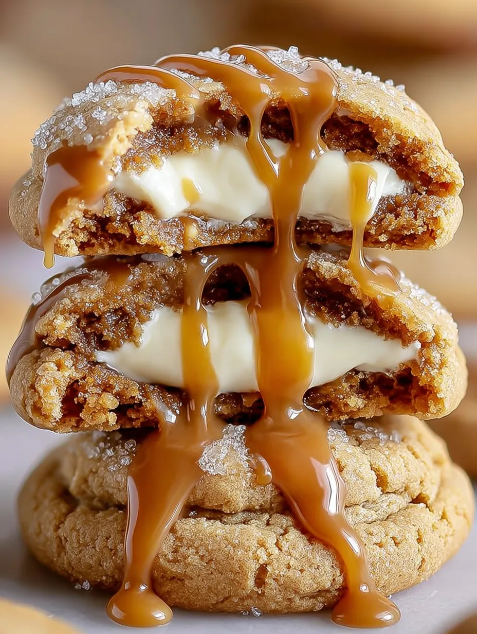 A stack of cookies with caramel drizzled.