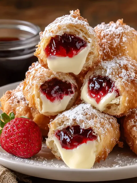 A plate of pastries with strawberries and whipped cream.