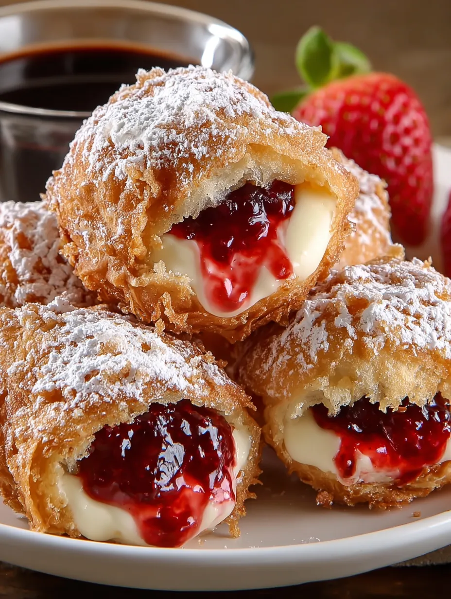 A plate of pastries with strawberries and jelly.