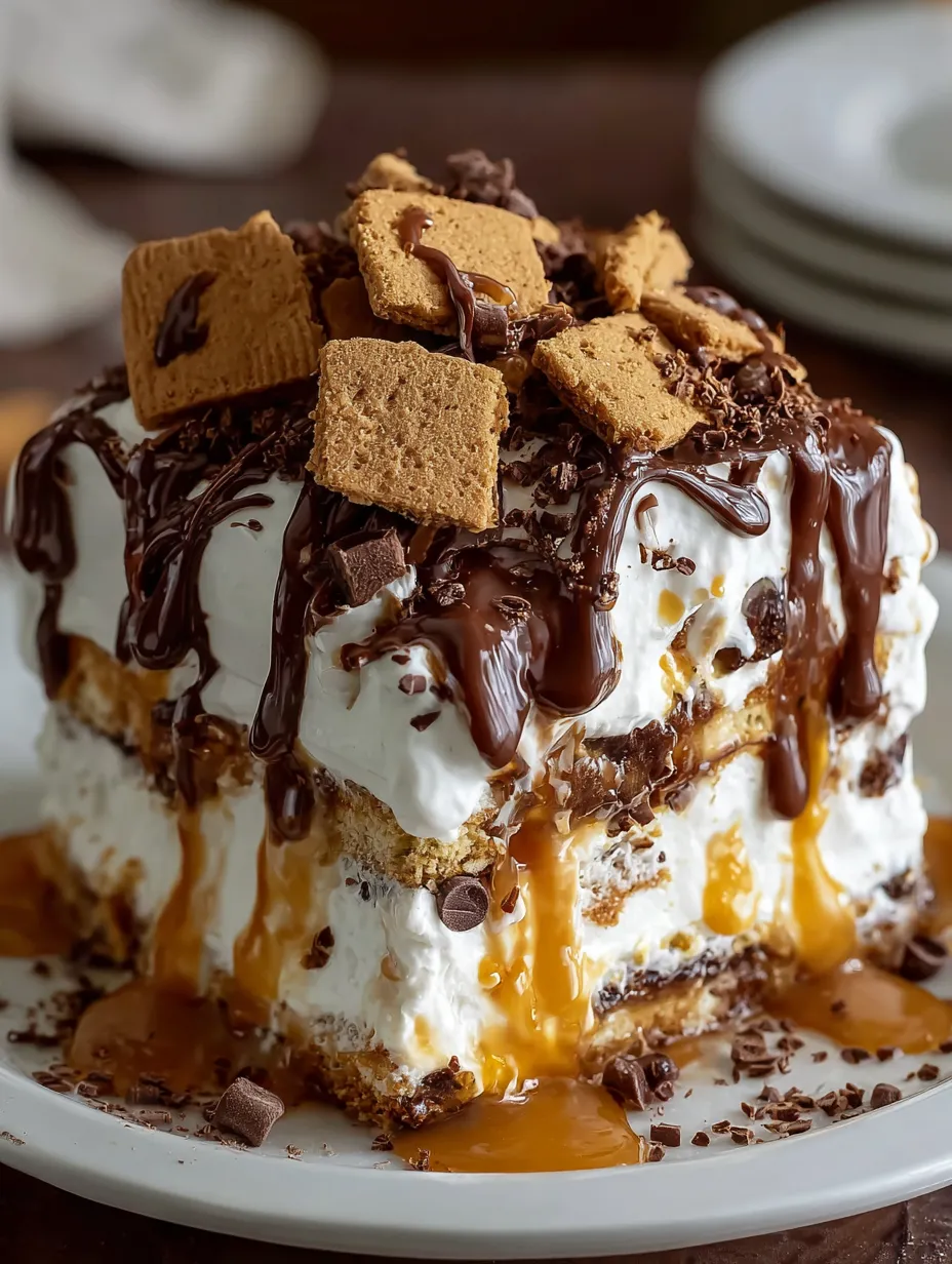 A cake with chocolate and caramel sauce.