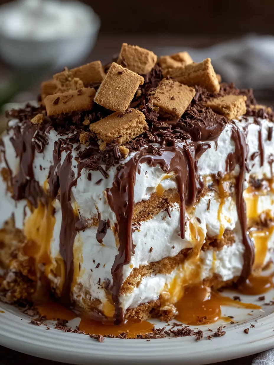 A slice of cake with chocolate and caramel drizzle.