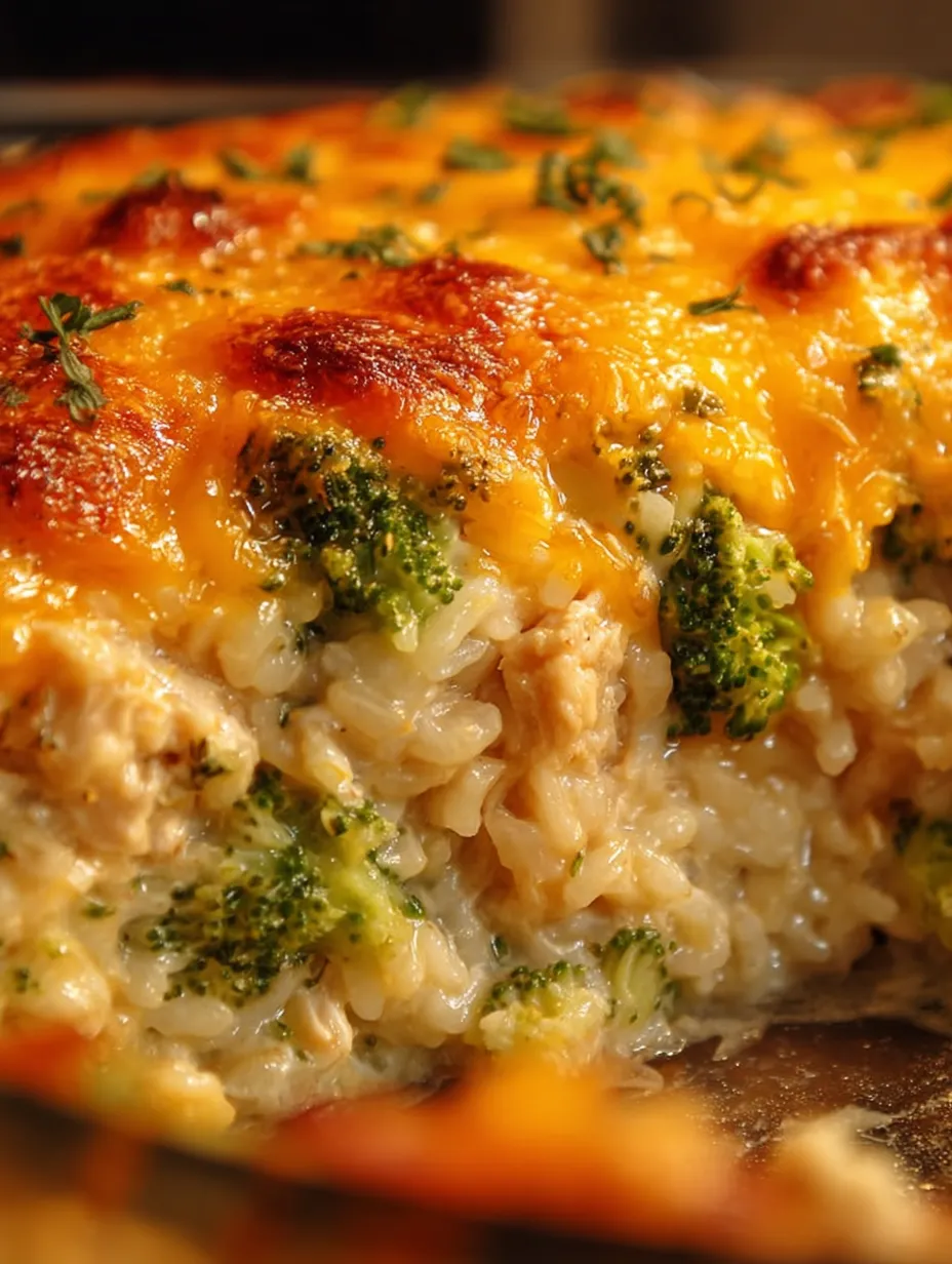A close up of a casserole with broccoli and rice.