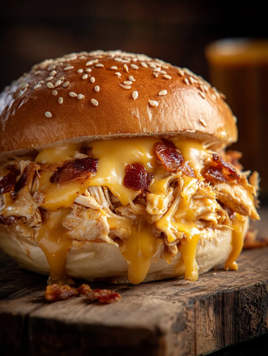 A sandwich with bacon and cheese on a bun.