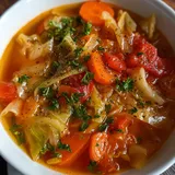 A bowl of soup with carrots and onions.