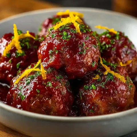 A bowl of meatballs with orange sauce.