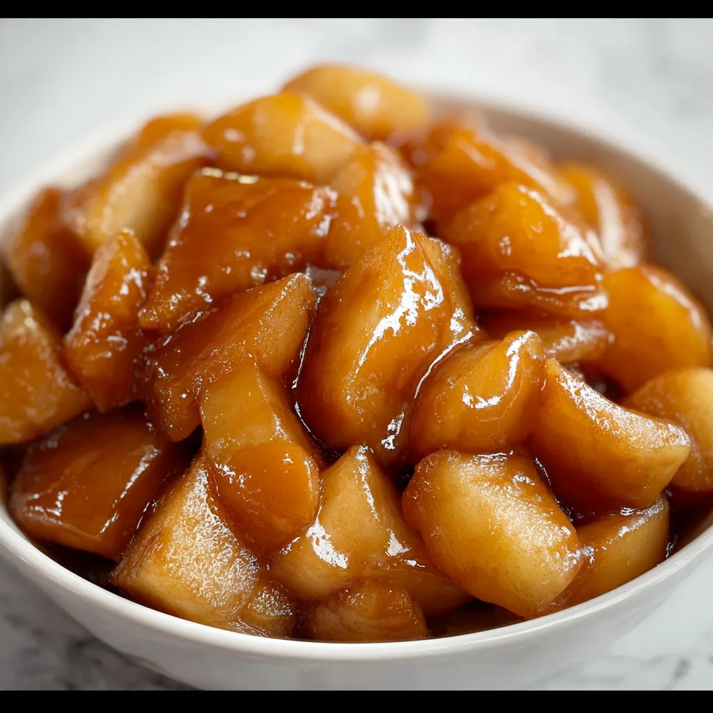 A bowl of apples with a brown sauce.