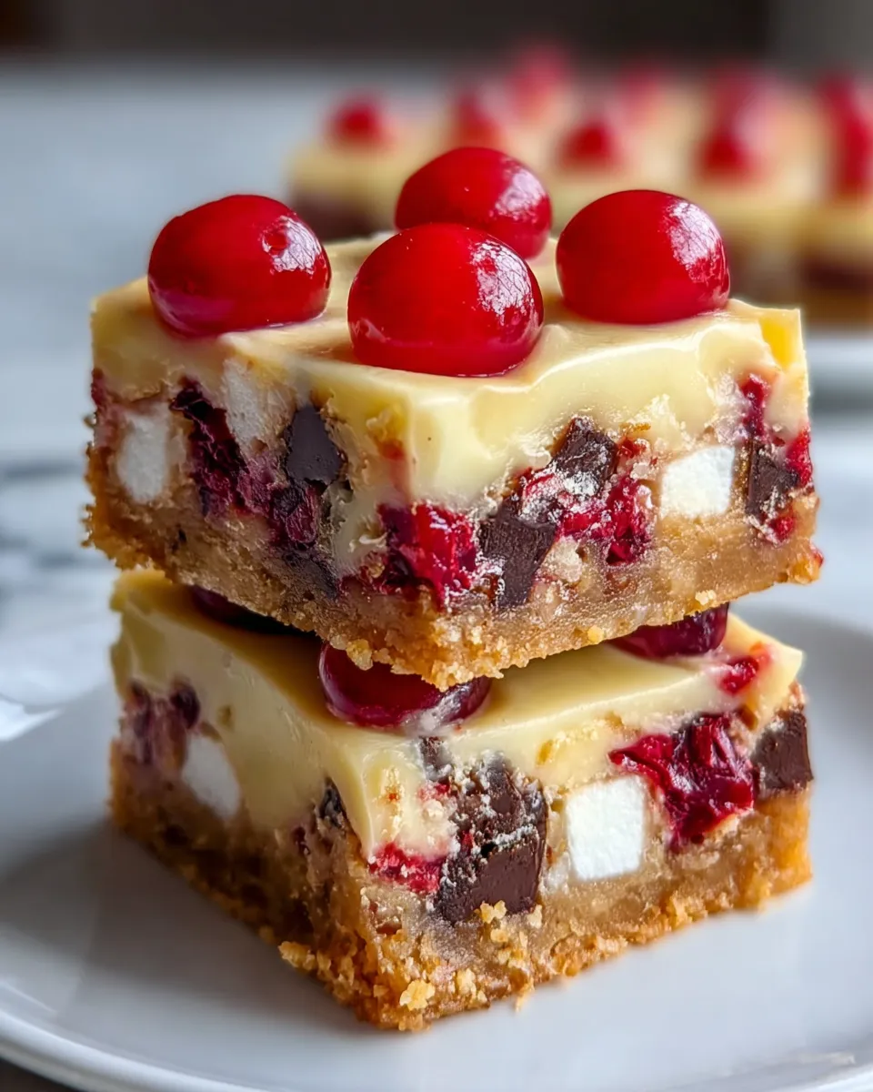A slice of cake with red cherries on top.