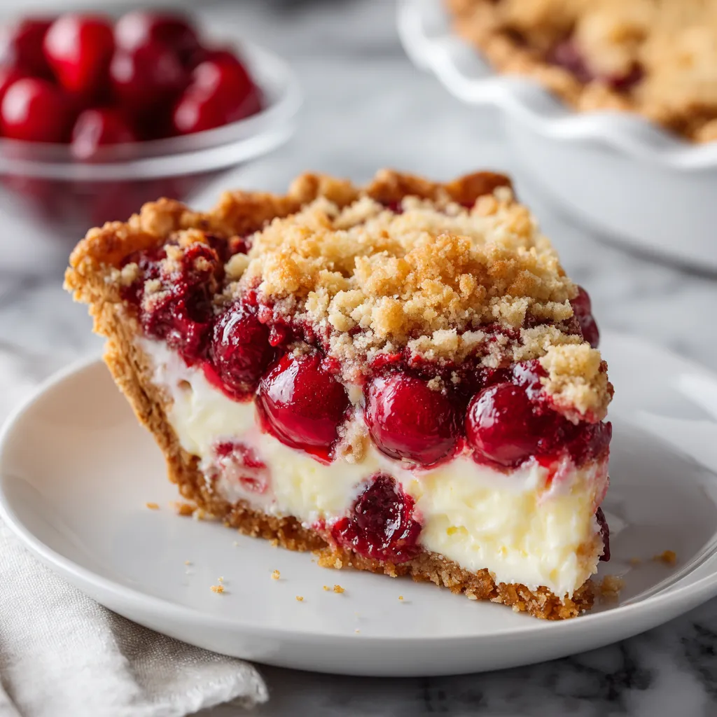 A slice of pie with cherries on top.