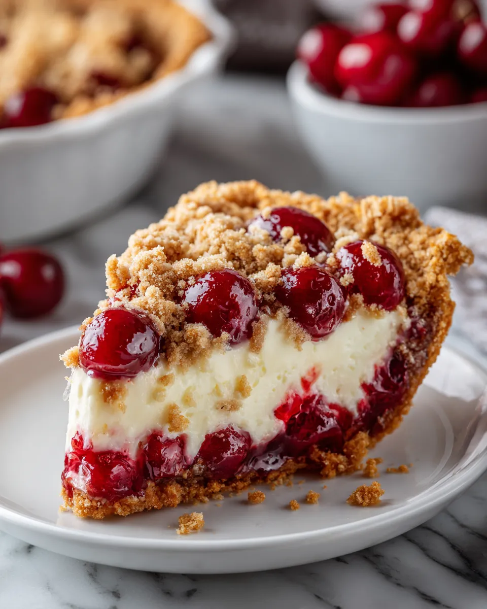 A slice of pie with cherries on top.