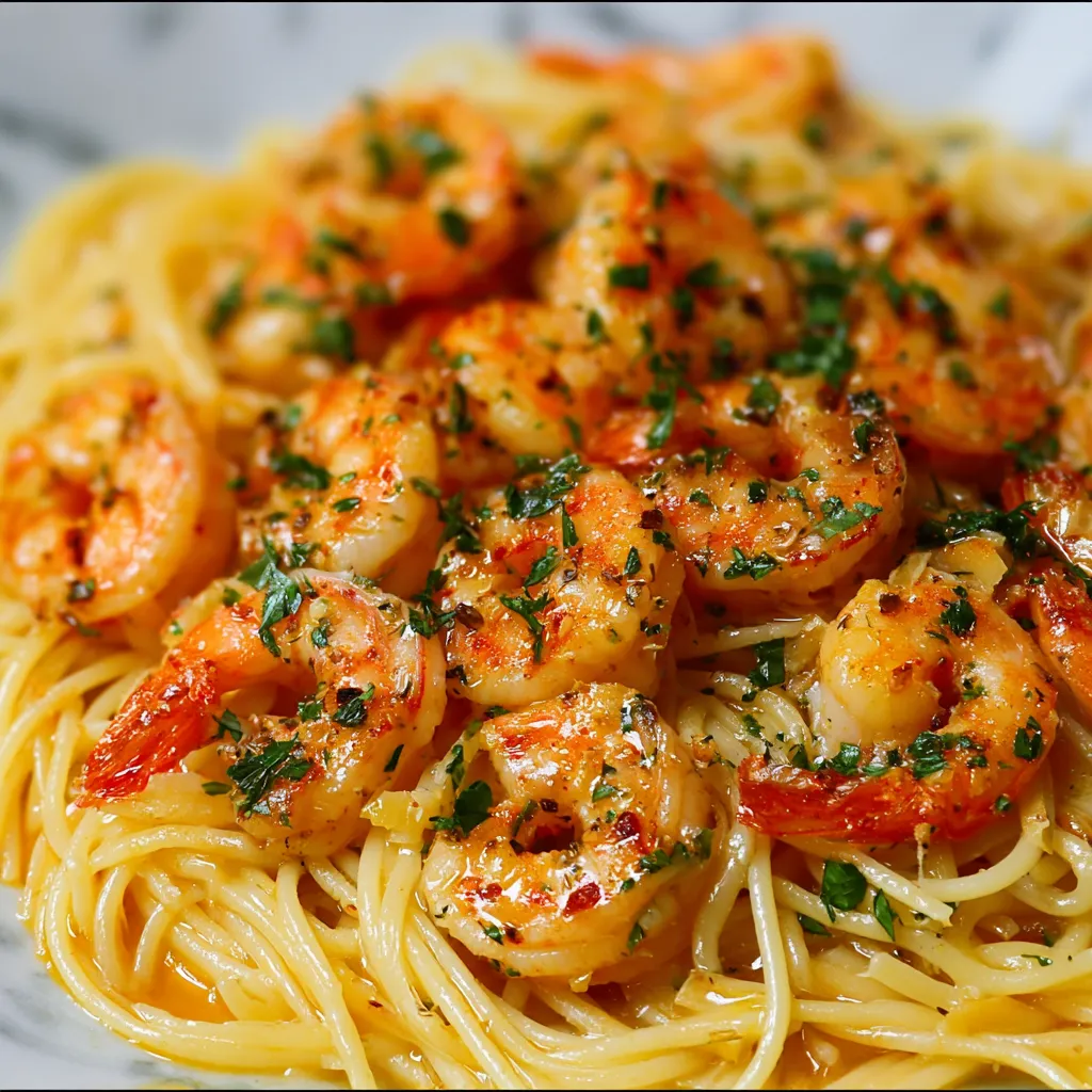 A plate of shrimp and pasta.
