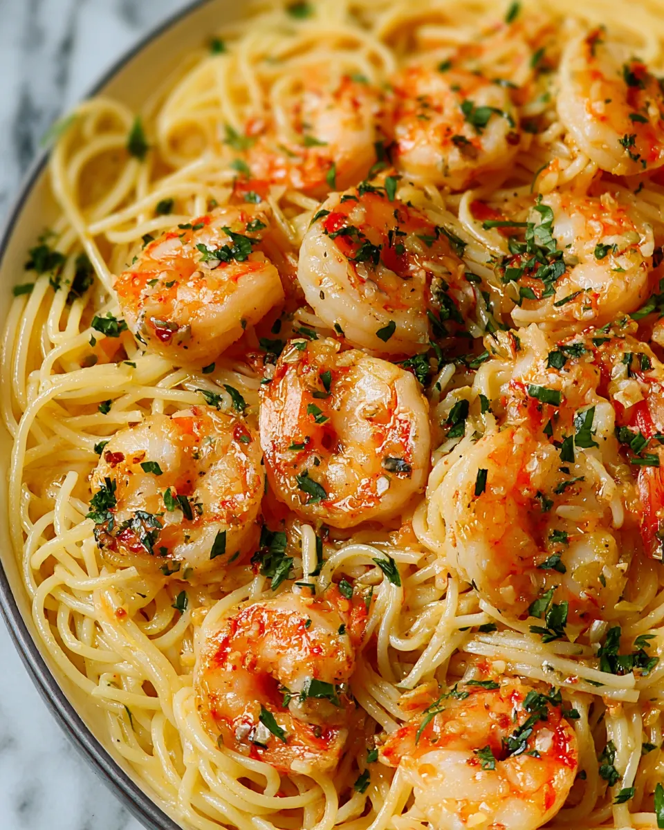 A bowl of shrimp and pasta.