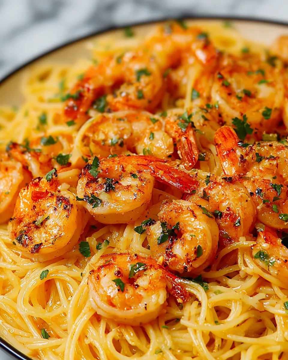 A plate of shrimp and pasta.
