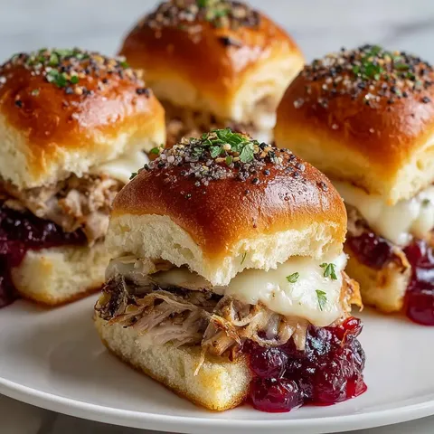 A plate of mini sandwiches with meat and jelly.