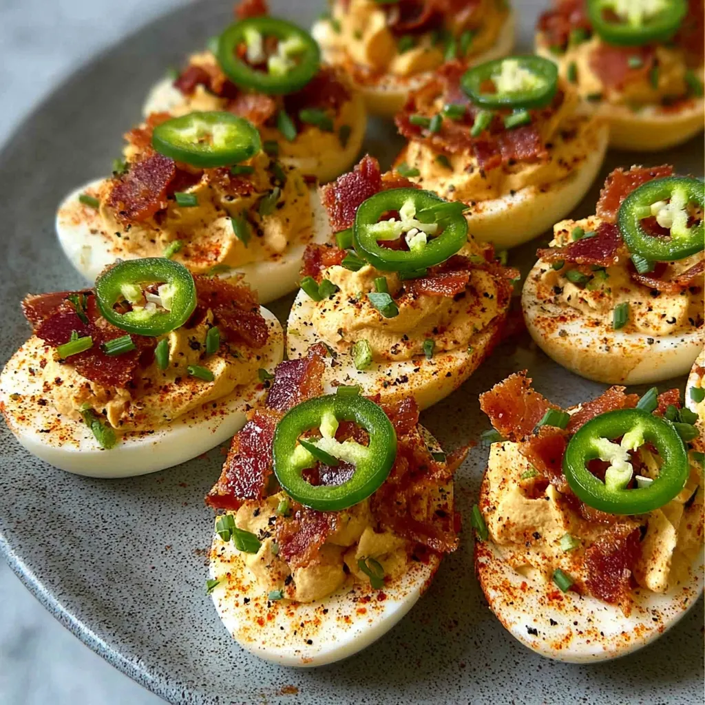 A plate of deviled eggs with bacon and jalapenos.