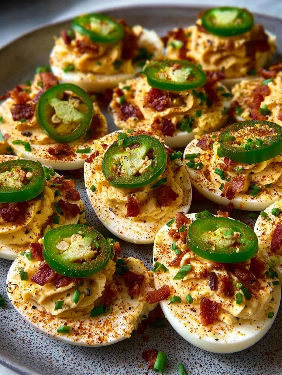 A plate of deviled eggs with bacon and jalapenos.